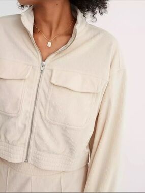 Aerie Groove On Velour Corduroy Full Zip Ribbed Cropped Sweatshirt Cream